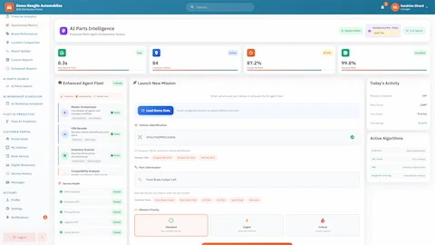 AI Parts Intelligence Dashboard - Enhanced Agent Fleet with 11 specialized agents, mission launch interface, and real-time performance metrics